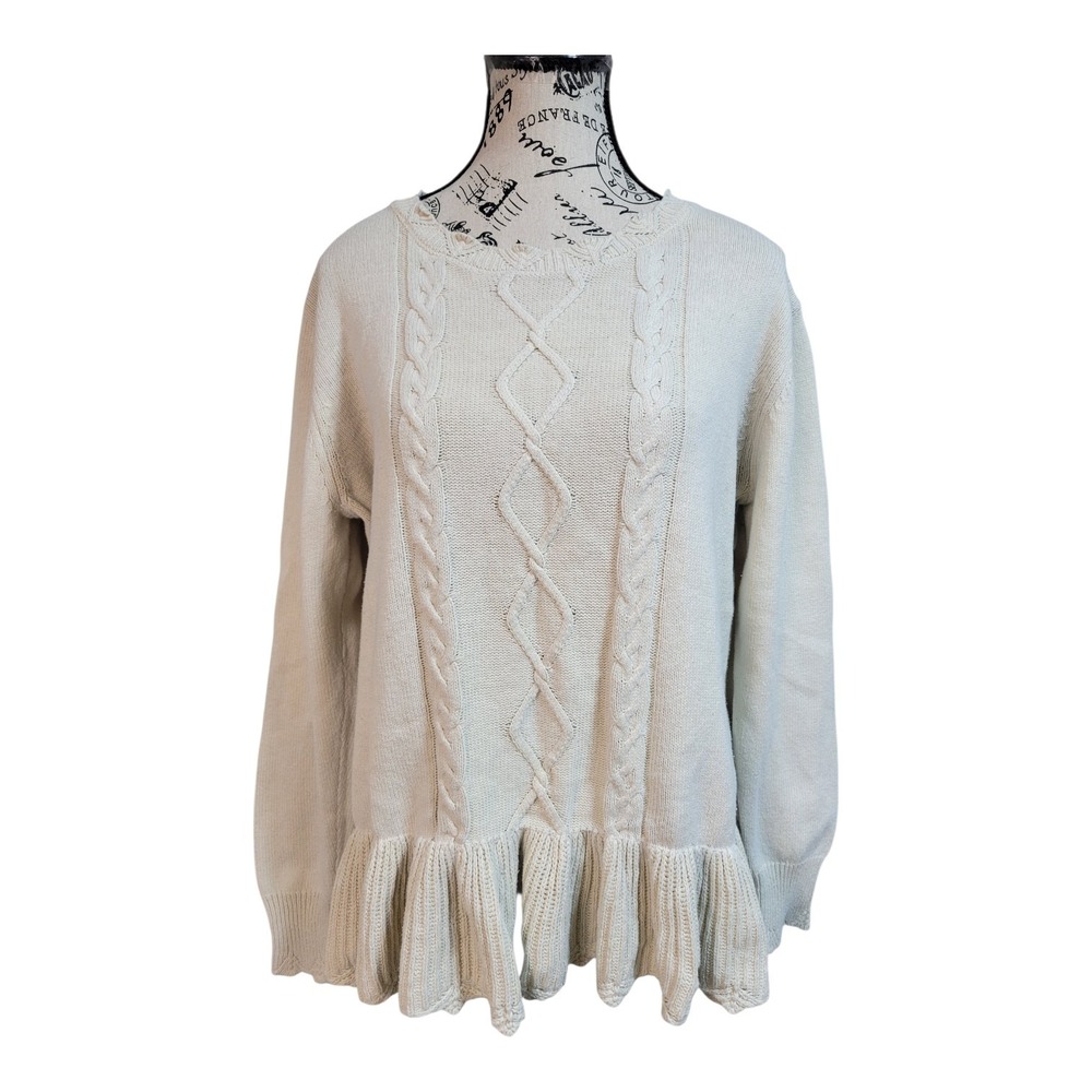 Emaline Cream Cable Knit Peplum Sweater -‎ Size XL - Boho Cottagecore Ruffle Hem